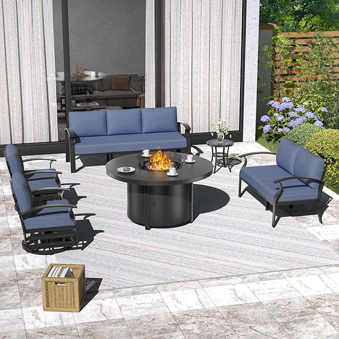 ALAULM Aluminum Patio Furniture Set with 40,000 BTU Round Propane Fire Pit Table 7-seat Metal Outdoor Furniture w/ 2 Swivel Chairs Patio Sectional Sofas for Patio, Lawn, Poolside（DarkBlue