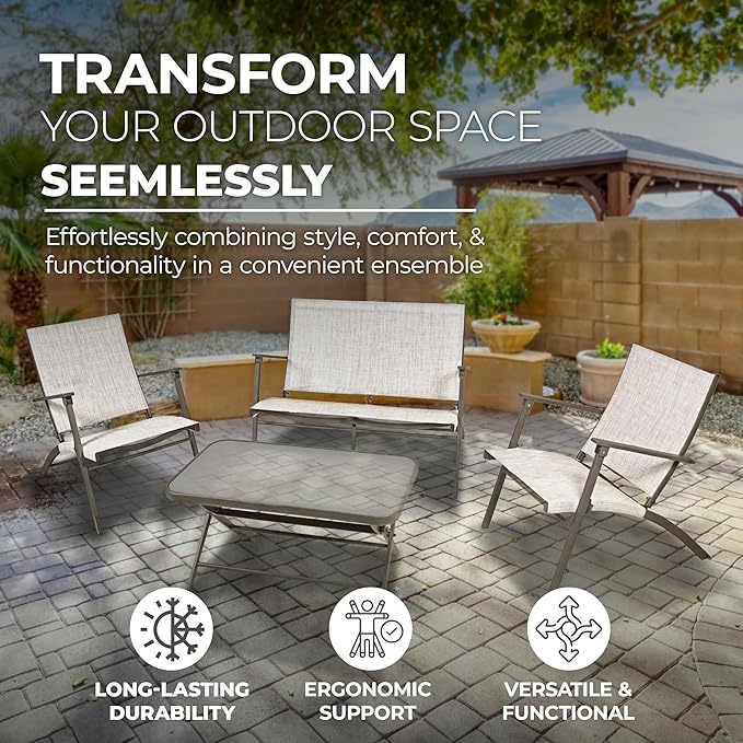 Four Seasons Courtyard Novara 4 Piece Steel Folding Outdoor Patio Furniture Conversation Set with 2 Patio Chairs, 1 Loveseat, and Table, Tan/Espresso