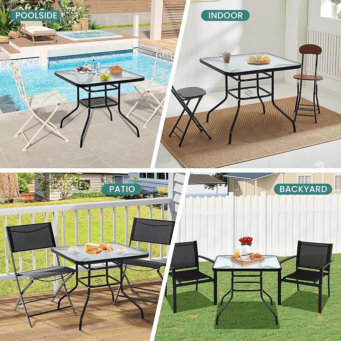 32'' Patio Bistro Table Square Outdoor Coffee Table, Square Tempered Glass Top with Umbrella Hole, Outdoor Dining Table for Balcony Backyard Lawn and Garden, Black