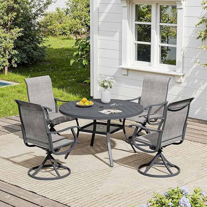 VICLLAX 5 Pieces Patio Dining Set, Patio Furniture Set of 4 Patio Swivel Dining Chairs and 40.6" Patio Spliced Round Tabletop with Storage Shelf, Grey Chairs & Dark Grey Tabletop