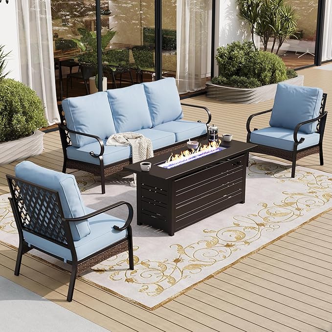 4 Piece Black Metal Outdoor Patio Furniture Sets with Firepit Table, Patio Conversation Sets 1 3-Seater Sofa, 2 Single Sofa with 5.75" Thick Cushion Backyard Furniture for Deck, Blue