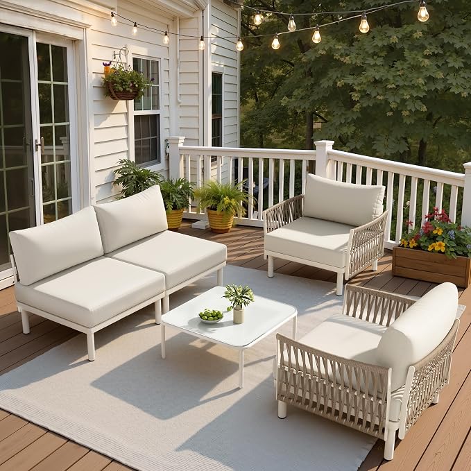 5-Piece Aluminum Modern Outdoor Sectional Sofa with Coffee Table - Weather-Resistant 31" Deep Seating Patio Conversation Set, 5.1" Thick Removable Cushions for Deck, Porch & Backyard, Beige
