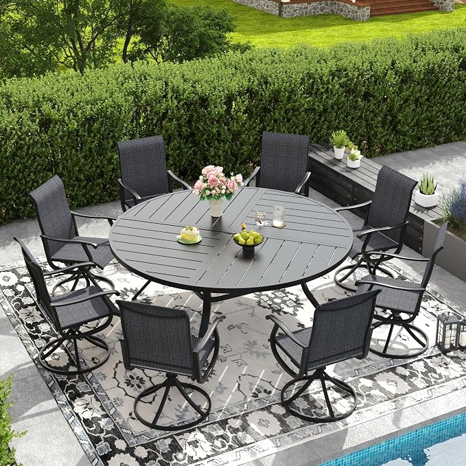DIFY Patio Table and Chairs Set for 8, 9 Piece Outdoor Dining Set, 63" Black Round Metal Dining Table with Umbrella Hole and 8 Dark Grey Textilene Swivel Patio Chairs, for Garden Backyard Deck