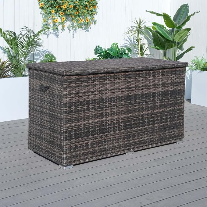 160 Gallon Wicker Deck Box Waterproof Outdoor Storage with Aluminum Frame, Brown Patio Furniture Storage for Cushions, Pillows & Garden Accessories, 66.93