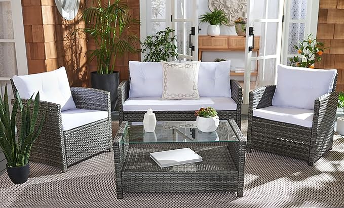 SAFAVIEH Outdoor Collection Vellor Grey Brown/White Cushion 4-Piece Conversation Patio Set PAT7516C
