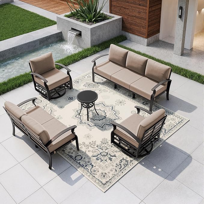 Kullavik Aluminum Patio Furniture Set,5 Pieces 7 Seat Metal Outdoor Furniture Conversation Set w/5.1" Cushions,Swivel Rocking Chairs Set,Sand