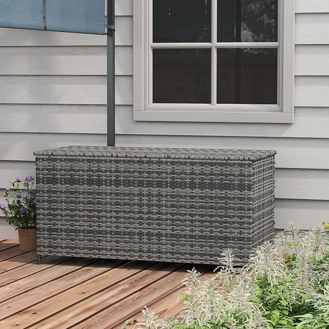 83 Gallon Deck Box, Large Outdoor Storage Chest, PE Wicker Trunk for Outside on Wheels for Tools, Pool Supplies Patio Furniture Cushions, Gray