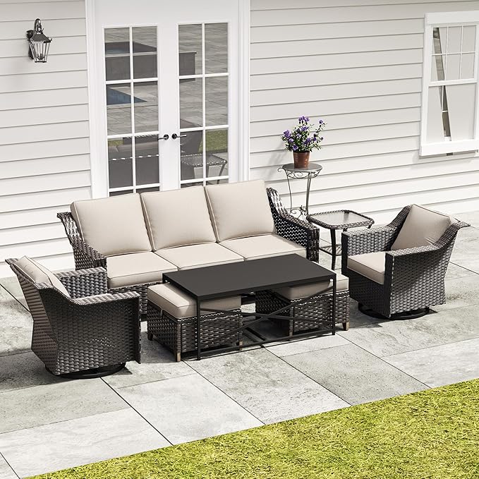 7 Pieces Outdoor Conversation Furniture Set - 77" Patio Sofa, 2 Swivel Rocker Chairs, 2 Ottomans, 1 Side Table, 1 Metal Table, Wicker Couch with Washable Cushions for Balcony (Beige)