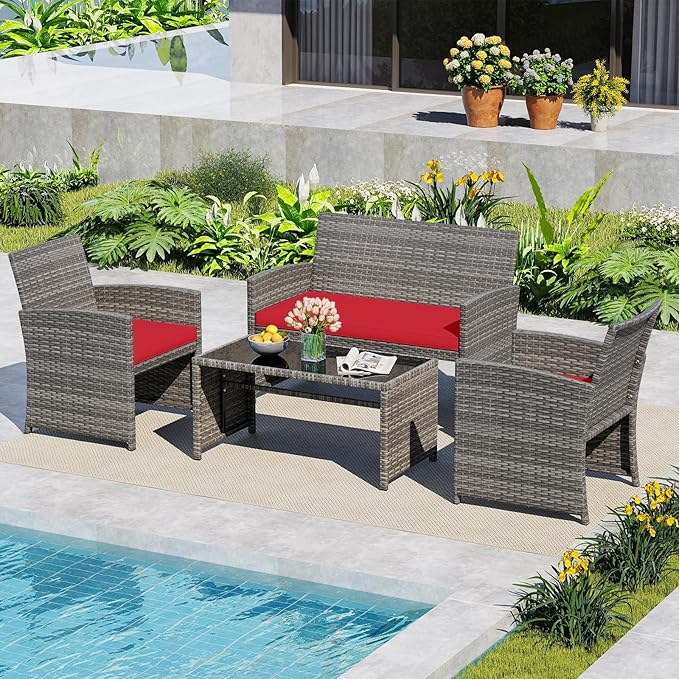 HAPPYGRILL 4 Piece Rattan Wicker Patio Conversation Set, Outdoor Furniture with Chair Loveseat Table & Cushion, for Backyard Porch Balcony (1, Red)