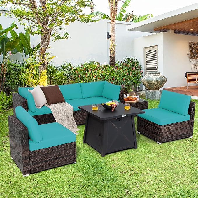 Tangkula 7 Piece Patio Furniture Set w/Fire Pit Table, Patiojoy Outdoor Rattan Conversation Sofa Set w/30 Square Propane Fire Pit Table, 50,000 BTU Heat Output, Protective Cover Included (Turquoise)