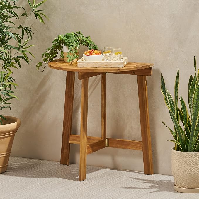 Outdoor Foldable Acacia Bistro Table, Half-Round Wall-Mounted Patio Dining Set, Natural Finish