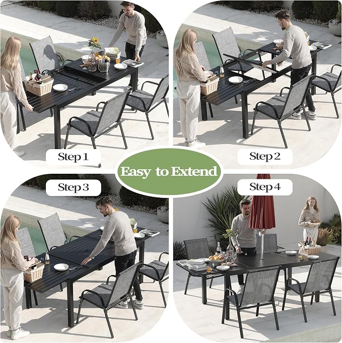 PIZZELLO 7 Pieces Outdoor Dining Set, 106" Aluminum Extendable Patio Dining Table w/ 6Pcs Stackable Textilene Chairs, All Weather Outdoor Table and Chairs Sets for Backyard, Garden, Deck and Poolside