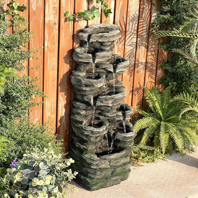 Glitzhome Outdoor Water Fountain, 9-Tiered Rock Floor Fountain with Cascading Water, 39.25" H Polyresin Waterfall Fountain with Pump and LED Light Outdoor Water Feature for Garden Yard Patio Porch