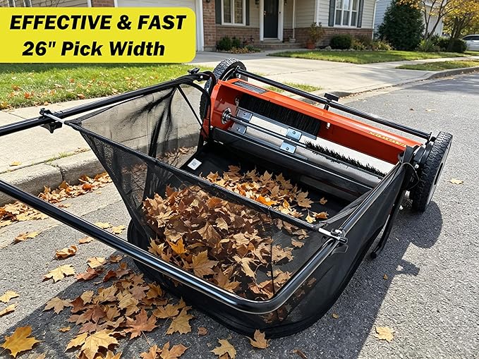 Push Lawn Sweeper, 26-Inch Width, 7 Cu. Ft. Hopper Capacity, 4 Spinning Brushes, Adjustable Height, Durable Steel Frame with Rubber Wheels, Orange