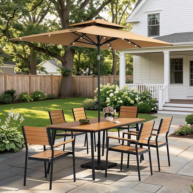 7-Piece Outdoor Dining Set for 6 Person with Teak Wood-Grain Top | Armrest Stackable Chairs with 19.4" Seat Depth, Aluminum Frame Dining Furniture with Umbrella Hole for Deck, Porch & Backyard