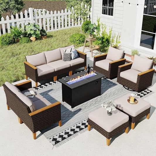 Sophia & William Patio Furniture Set with Fire Pit Table & Swivel Chairs, 10 Piece Outdoor Sectional Furniture Wicker Modular Sofa Couch, Conversation Set for Deck Backyard Lawn, Beige