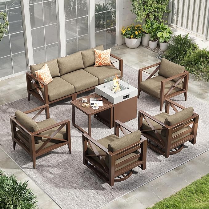 Aluminum Patio Furniture Set with Fire Pit Table,7-Seats Patio Sectional Conversation Sofa with 5.2" All-Weather Cushions and 2 Swivel Rocking Chairs,Outdoor Furniture Set(Brown)