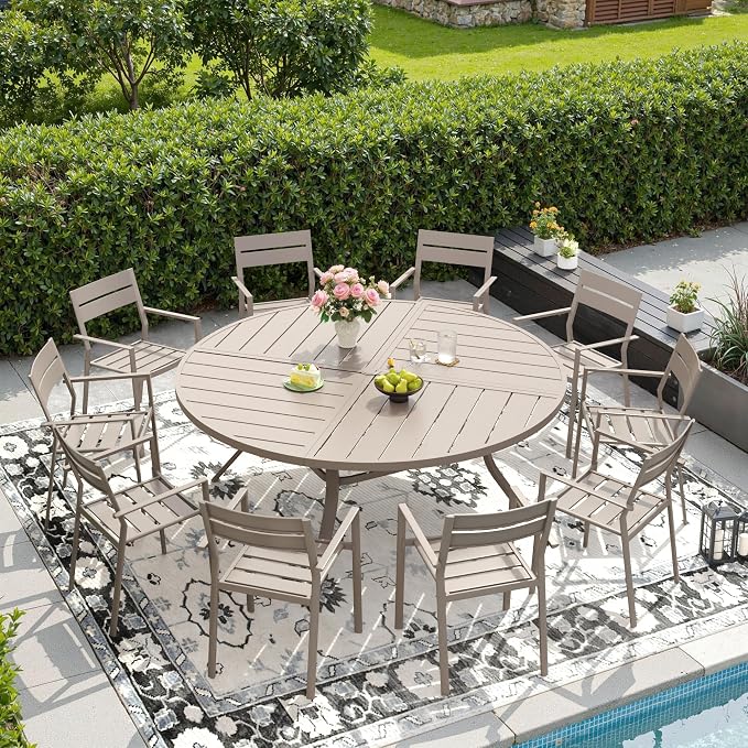 DIFY 11 Piece Outdoor Patio Dining Set for 10, 63" Round Dining Table with Umbrella Hole and Stackable Metal Chairs, Patio Table and Chairs Set for Backyard Garden Poolside, Sandshell