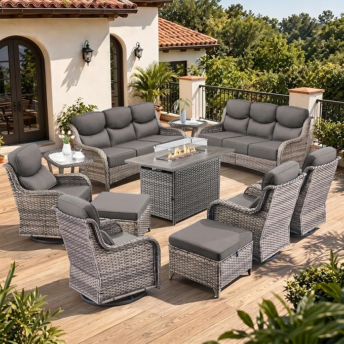 Luxury 6" Thick Cushion 11 Pieces Wicker Patio Furniture Set with 41”Fire Table, Outdoor Conversation Set with Swivel Rocker Chairs Set of 4 and Patio Couch for Deck Porch Yard and Poolside