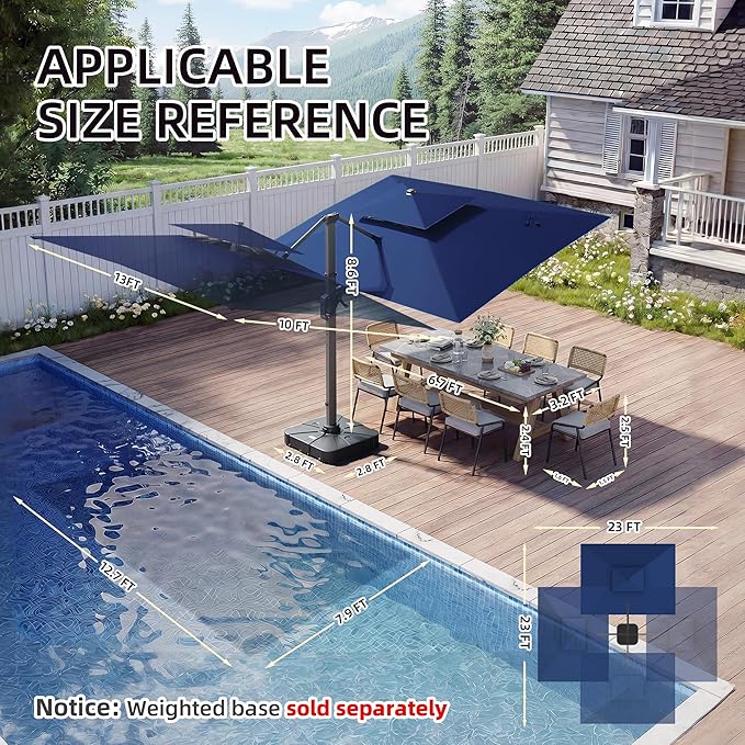 10 X 13 FT Cantilever Patio Umbrella with Led Lights Heavy Duty Windproof Double Top Large Rectangle Offset Umbrellas with 360-degree Rotation for Garden Pool Deck Backyard, Navy