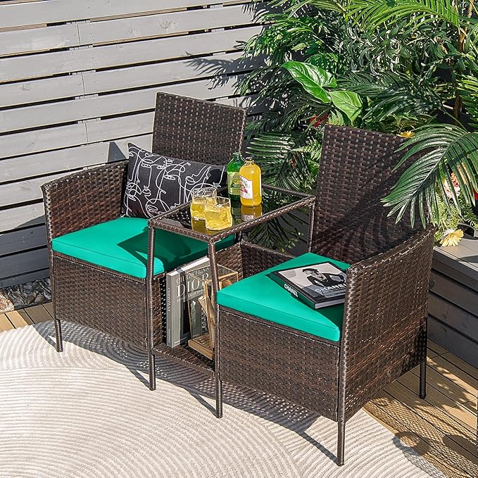 RELAX4LIFE Patio Outdoor Loveseat Set - PE Wicker Conversation Set w/Removable Cushion, Build-in Tempered Glass Coffee Table, Rattan 2-Seater Chair for Porch, Balcony, Patio Furniture Set (Turquoise)