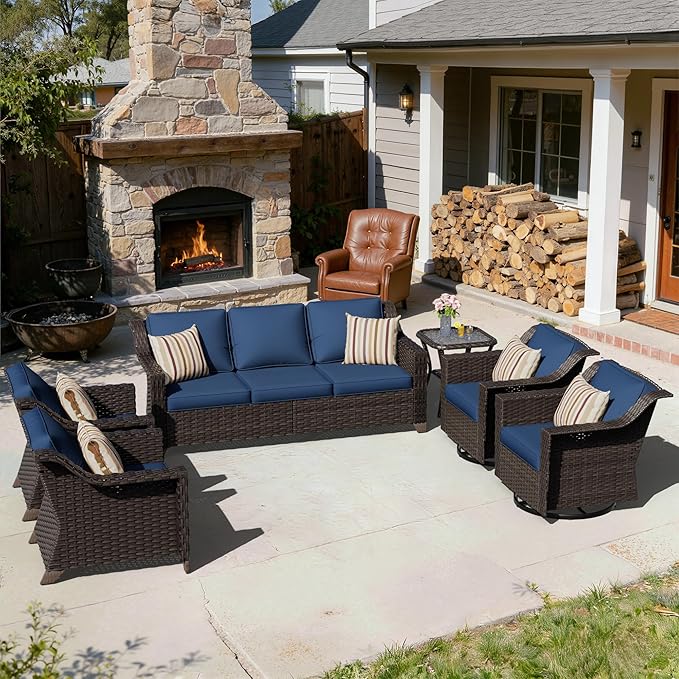 6 Pieces Patio Conversation Furniture Set - 1 Sofa, 2 Swivel Chairs, 2 Armchairs, 1 Side Table, Outdoor Wicker Furniture with Removable Cushions for Porch, Balcony, Sunroom (Blue)