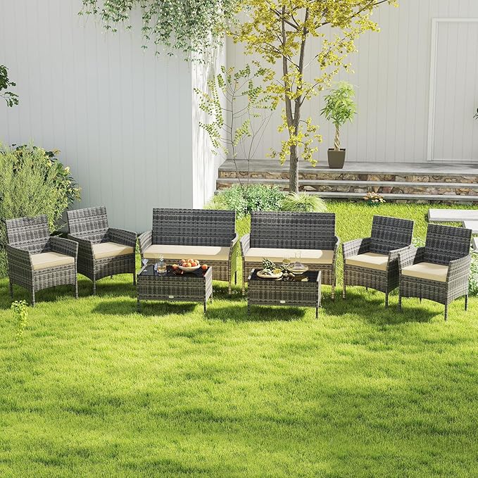 Tangkula 8 Pieces Patio Rattan Conversation Set, Outdoor Wicker Furniture Set with Cushioned Chair, Loveseat & Tempered Glass Table, Outside Sectional Sofa Set for Backyard (G-Beige,2)