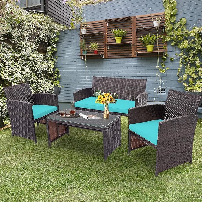HAPPYGRILL Set of 4 Rattan Conversation Set Outdoor Wicker Furniture Set with Tempered Glass Coffee Table, Soft Cushions, Weather-Resistant Rattan Chair Set for Garden Backyard Poolside