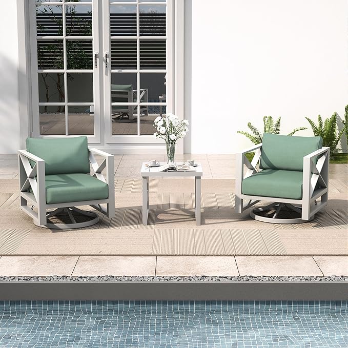 3-Piece Aluminum Outdoor Swivel Rocker Chair Set, 360° Swivel and Rocking Patio Chairs with 5.2-Inch Thick Cushions and Side Table, All-Weather Conversation Sofa for Backyard, Deck, Porch, Balcony