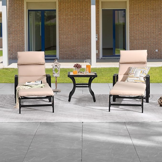 LOKATSE Home 3 Piece Outdoor Patio Chaise Chair Lounge Arm Chair with Adjustable Back and Blue Removable Cushion with Bistro Coffee Side Table for Reclining Chairs