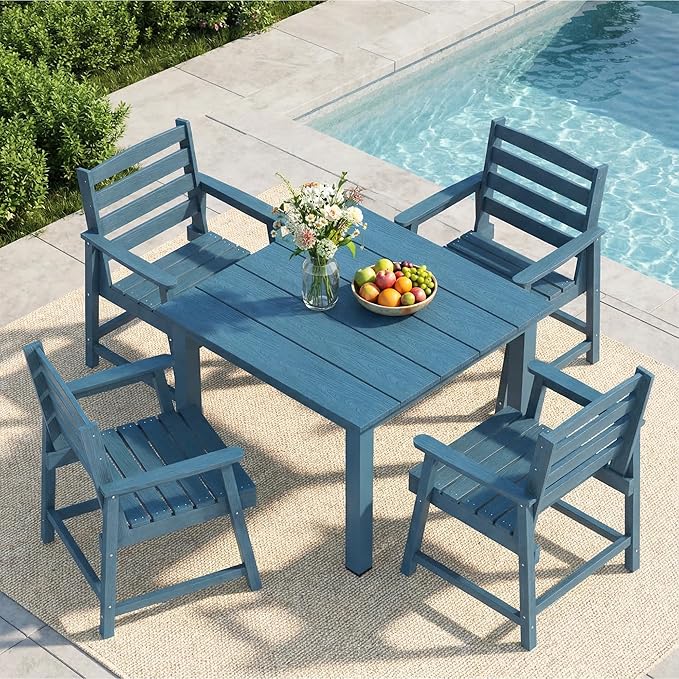 LOUNZY 5-Piece HDPE Patio Dining Set - Outdoor Square Table with 2" Hole Cut-Out & 4 Chairs,Navy