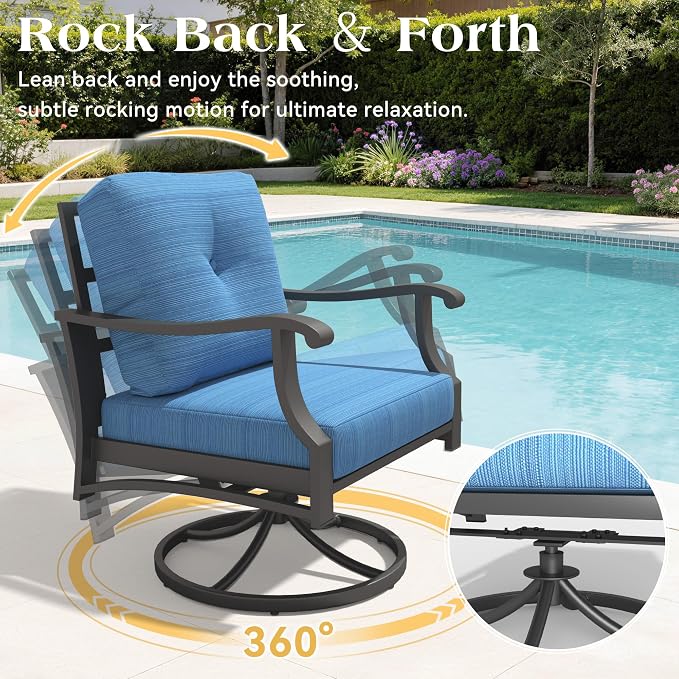 7 Piece Aluminum Patio Conversation Set, Outdoor Metal Furniture Set w/Rocking Swivel Chairs, 3-Seat Sofa, Ottomans and Coffee Side Table, 5" Thickened Cushions for Backyard, Poolside, Blue