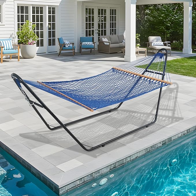 Lazy Daze Hammocks 12FT Double Rope Hammocks, 2 Person Hand Woven Cotton Hammock with Spreader Bar for Outside, Patio, Poolside, FIT 13-15 FT Stand, Max 450 Lbs, Blue, 141 x 57 inches