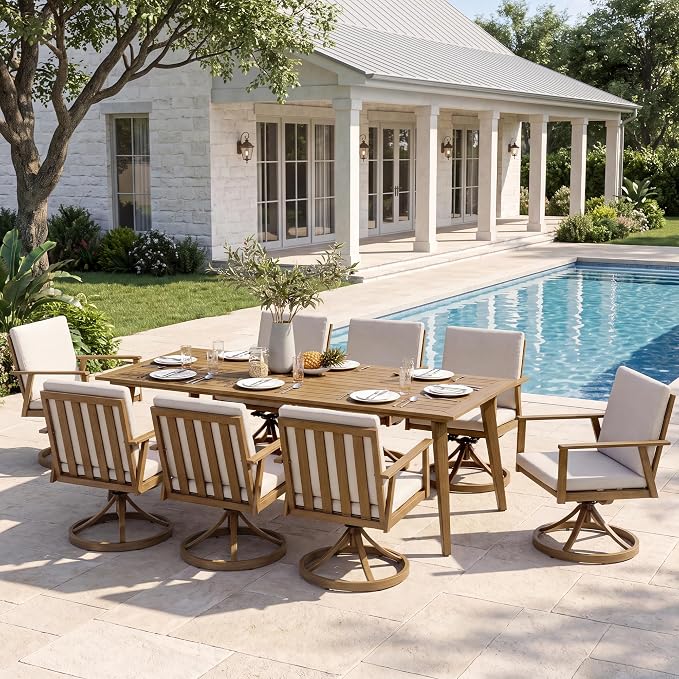 9 Pieces Patio Dining Set for 6, Aluminum Outdoor Dining Table Sets with Umbrella Hole, Modern Outdoor Patio Furniture Set with 8 Swivel Chairs and Table for Backyard, Poolside and Deck,Teak