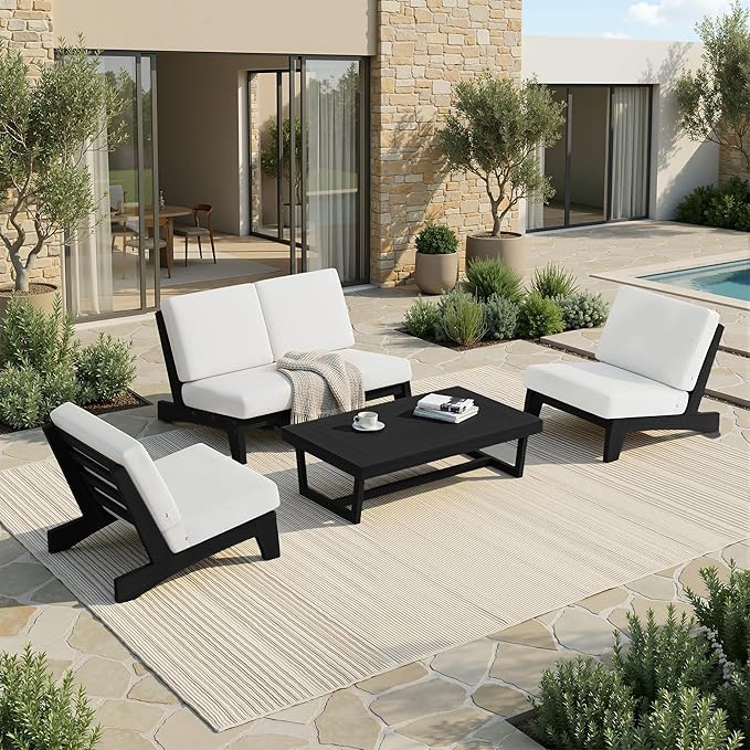 UIXE All Weather Patio Furniture Sets, 4 Pieces Black Wood Outdoor Sectional Futniture Patio Sofa Chair Backyard Conversation Set with Solid Wooden Coffee Table - Beige