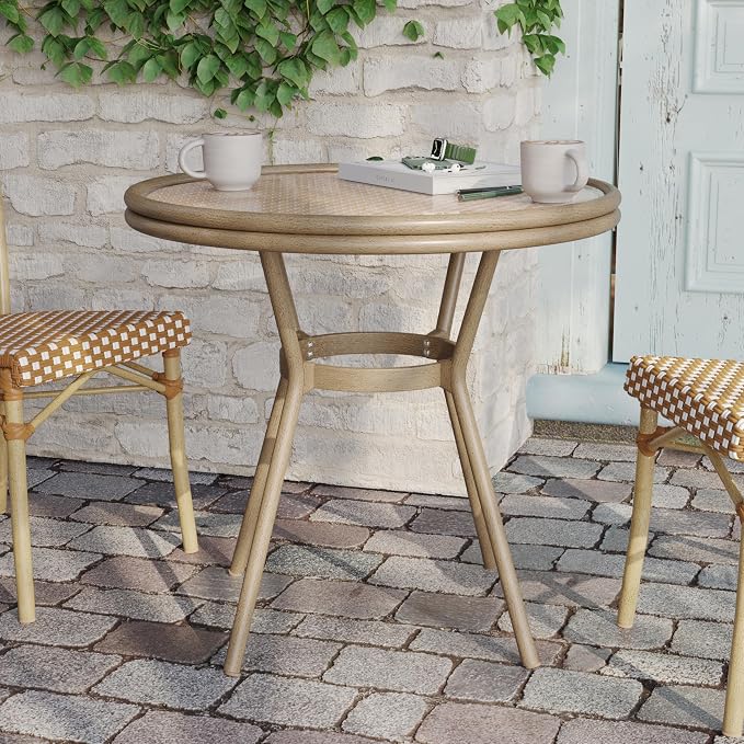 Flash Furniture Lourdes Indoor/Outdoor Commercial Bistro Table - Tempered Glass Top - PE Rattan - Lt NAT Bamboo Print Aluminum Frame - 31.5" - NAT/White