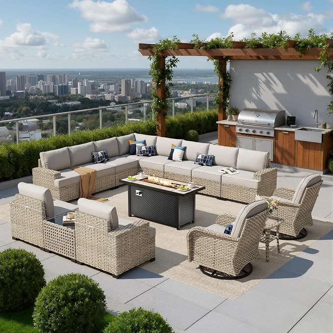 HOOOWOOO Sectional Patio Furniture Set with Fire Pit Table,15 Pieces Wicker Outdoor Furniture L Shaped Couch,Outside Conversation Set Extra Deep Seat Sofa Wide Arm Swivel Chairs Solar Light,Gray