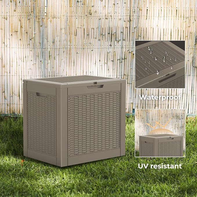 DRATO 34 Gallon Deck Boxes Resin Outdoor Storage Box UV Resistant Outside Deck Box with Lockable Lid for Patio Furniture (Grey, 34 Gallon)