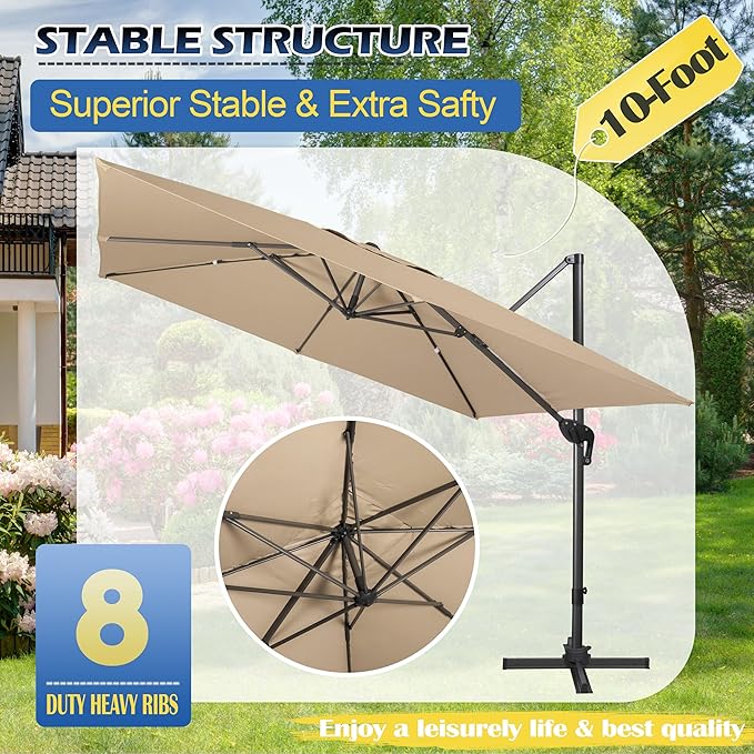 Sunnyglade 10x10Ft Cantilever Patio Umbrella Square 360° Rotation & Integrated Tilting System Offset Umbrella with 8 Sturdy Ribs, Fade-resistant & Waterproof for Garden Backyard Poolside Deck