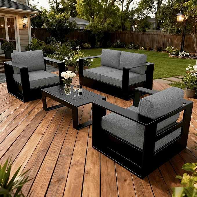 LayinSun Oversized Aluminum Outdoor Furniture Set, 4 Piece Patio Sofa Sets with Coffee Table, Deep Seating and Upgraded 6-inch Cushions for Porch, Balcony, Deck
