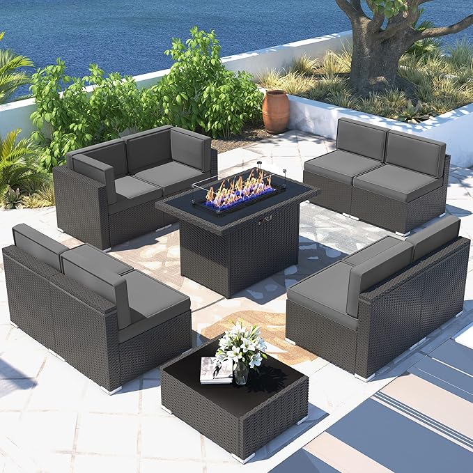 10 Pieces Patio Furniture Set with 44" Propane Gas Fire Pit Table, Outdoor Sectional Wicker Conversation Sofa Sets with Coffee Table