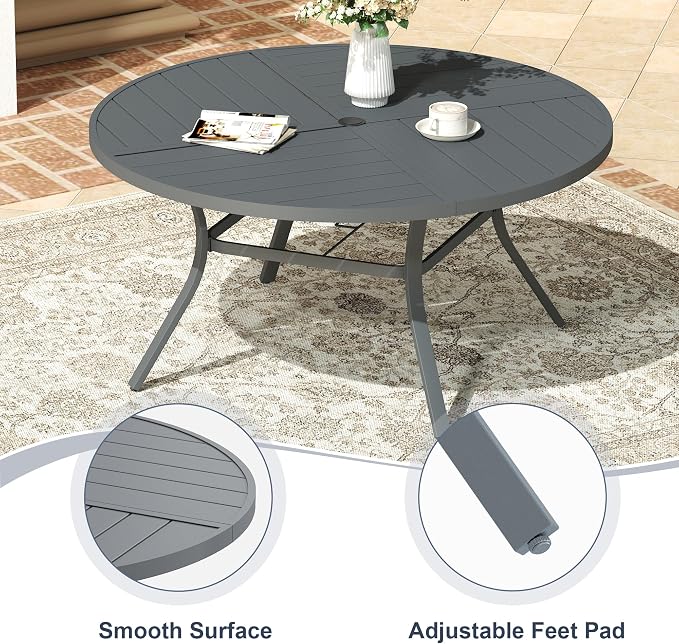 VICLLAX 53" Round Patio Dining Table for 6-8, All Weather Metal Outdoor Table with 1.57" Umbrella Hole and Surdy Frame for Garden Lawn Deck, Dark Grey