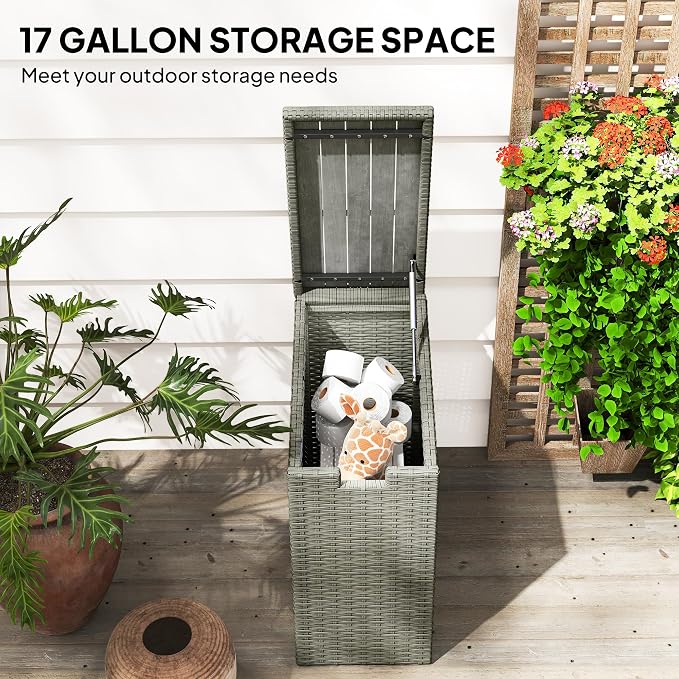 Outsunny 17 Gallon Wicker Small Deck Box, PE Rattan Outdoor Storage Box with Slatted Acacia Wood Flip Top for Indoor, Patio Furniture Cushions, Pool Supplies, Garden Tools, UV Resistant, Gray