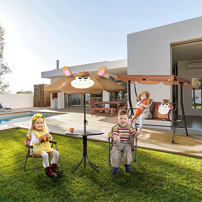 Outsunny Kids Table and Chair Set, Outdoor Folding Garden Furniture, Picnic Table for Patio Backyard, with Removable & Height Adjustable Sun Umbrella, Brown