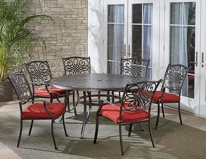 Hanover Traditions 7-Piece Outdoor Dining Set, Weather-Resistant Patio Table and Chairs Set with 6 Outdoor Dining Chairs, Plush UV-Resistant Autumn Berry Cushions, and 60 Inch Cast-top Outdoor Table