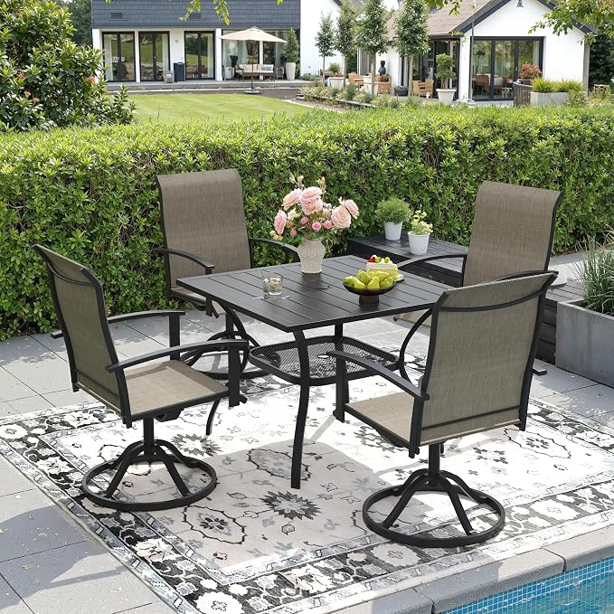 DIFY 5 Pieces Outdoor Dining Set, Metal Patio Table and Chairs Set for 4 with Umbrella Hole, 37.8" Black Square Table and Brown Textilene Swivel Patio Chairs for Garden, Backyard, Poolside