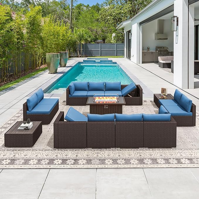 HOMREST 15 Pieces Outdoor Patio Furniture Set with 44" Propane Fire Pit Table, PE Rattan Sectional Sofa Conversation Set w/Adjustable Bracket, Wood Coffee Table for Backyard (Blue)