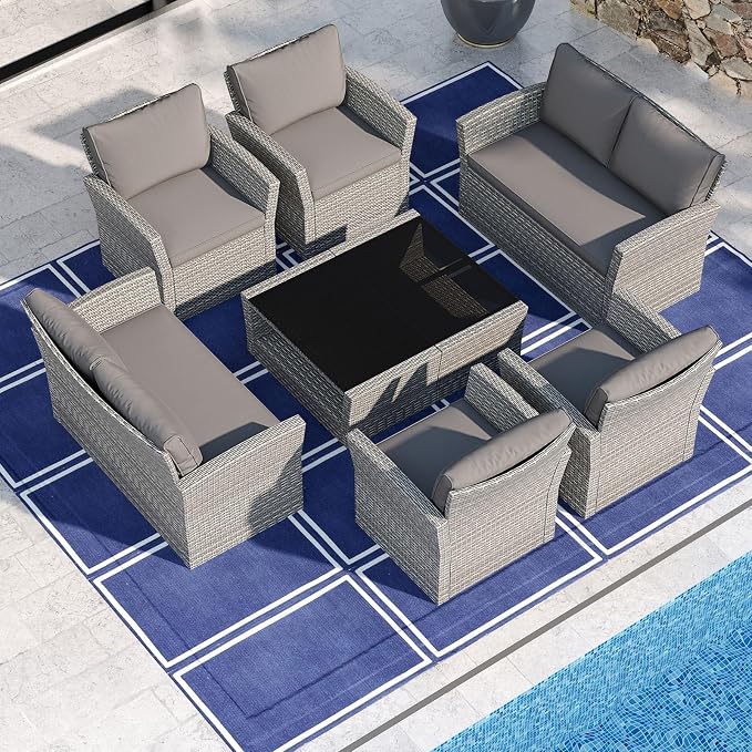 Tangkula 8 Pieces Patio Furniture Set, Outdoor PE Wicker Sectional Conversation Bistro Set with 2 Rattan Chairs, Loveseat, 2-Tier Tempered Glass Coffee Table and Cushions for Balcony, Garden