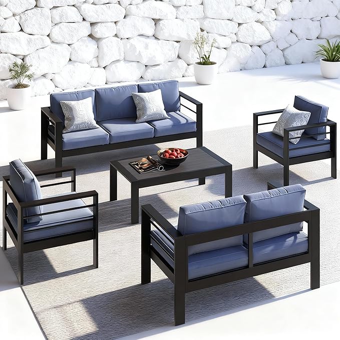 Patio Conversation Sets, Aluminum Outdoor Couch with Outdoor Coffee Table, All-Weather Metal Patio Couch with 5" Thick and Soft Cushion and Wide Arm, Outdoor Sofa Sets for Balcony, Porch, Dark Blue