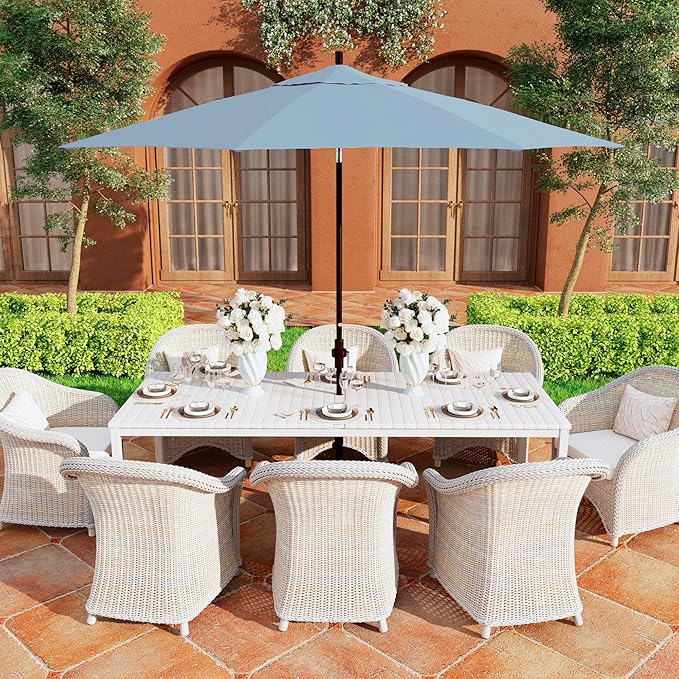 California Umbrella 11Ft Premium Sunbrella Patio Umbrella, Hand-Crank, Tilt-Collar, Bronze Frame, Air Blue Fabric